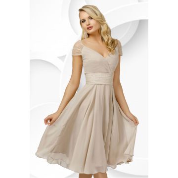 Rochie eleganta Pretty Girl din voal bej cu detalii din tulle si paiete