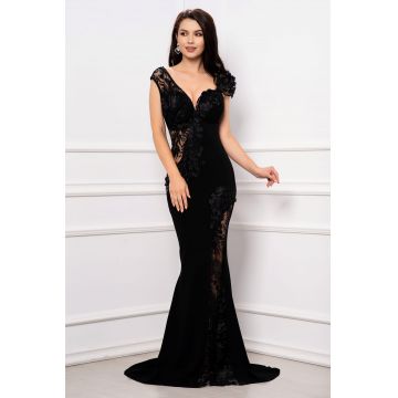 Rochie eleganta sirena Fabrizia neagra de seara cu flori 3D brodate