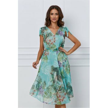 Rochie Anastasia verde mint cu imprimeu exotic