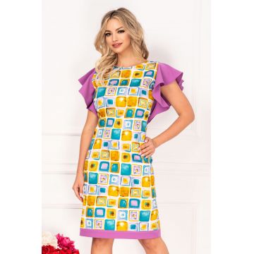 Rochie de zi InPuff cu imprimeu geometric tip pictura si volanase lila