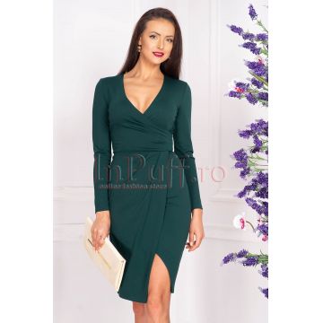 Rochie de zi verde midi din stofa cu decolteu in V petrecut si maneca lunga