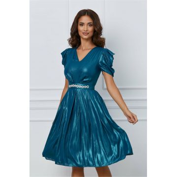 Rochie Dy Fashion turcoaz cu accesoriu in talie Rochie Dy Fashion turcoaz cu accesoriu in talie