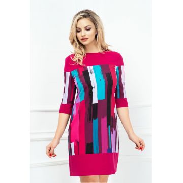 Rochie fucsia de zi in A cu imprimeu multicolor