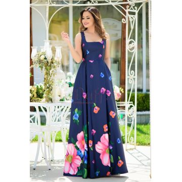 Rochie MBG de seara lunga bleumarin cu imprimeu floral