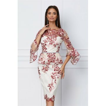 Rochie MBG ivory cu broderie florala bordo