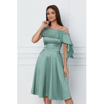 Rochie Moze verde mint cu paiete aurii si volan la bust