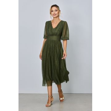 Rochie de ocazie din voal cu glitter Nicolette Kaki