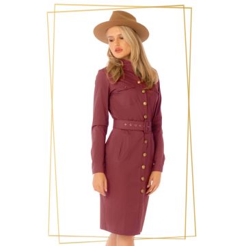 Rochie Pretty Girl burgundy din bumbac cu nasturi aramii