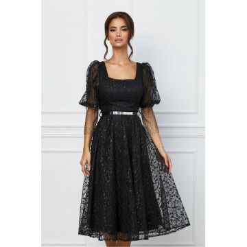 Rochie Denisa neagra din tulle cu plasa la maneci si curea in talie