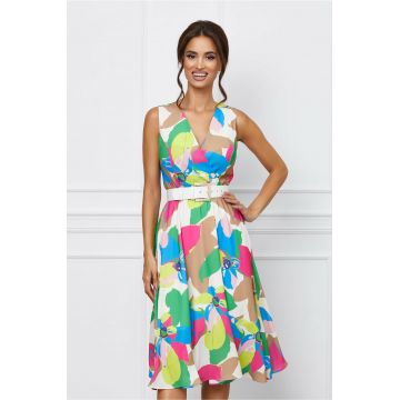 Rochie Diana multicolora cu imprimeu floral painty si curea in talie