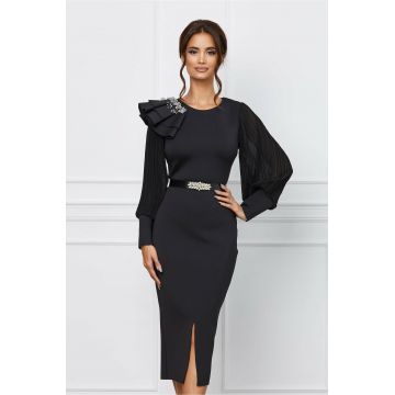 Rochie Jesica neagra din neopren cu maneci din voal plisat