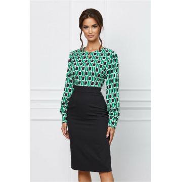 Rochie Larisa neagra cu imprimeu verde la bust