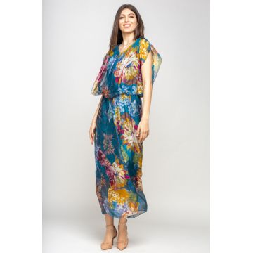 Rochie lunga, cu imprimeu floral 3D pe fond turcoaz, din matase naturala