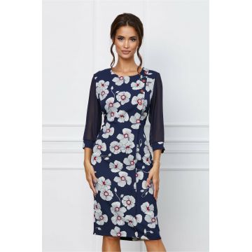 Rochie Wilma bleumarin cu imprimeu floral alb