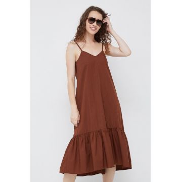 Sisley rochie din bumbac culoarea maro, midi, evazati
