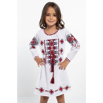 Rochie Traditionala cu Broderie Geometrica Bicolora 2-3 Ani (86-94cm)