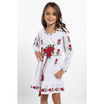 Rochie Traditionala din Bumbac Alb cu Snur in Talie si Broderie Trandafiri 0-1 Ani (68-78cm)