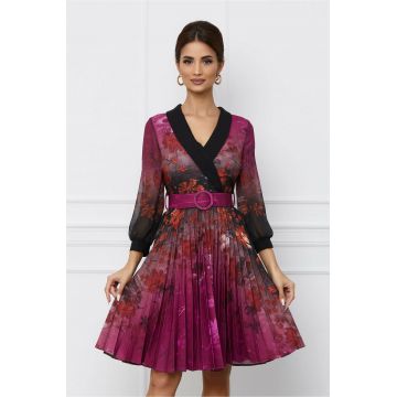 Rochie Amalia magenta cu imprimeu floral orange si curea in talie