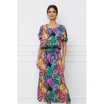 Rochie Dorina cu imprimeuri exotic fucsia si cordon in talie