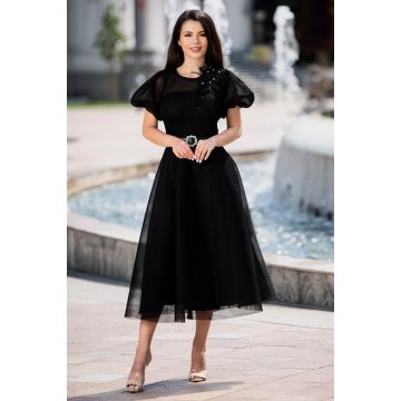 Rochie eleganta Casilda neagra din plasa 3D cu maneci gogosar