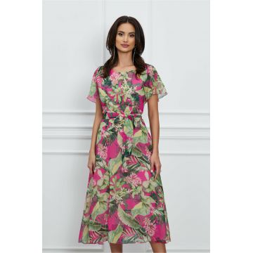 Rochie Antonia fucsia cu imprimeu floral verde si cordon in talie