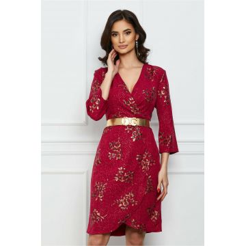 Rochie Dariana fucsia cu imprimeu floral auriu si curea in talie