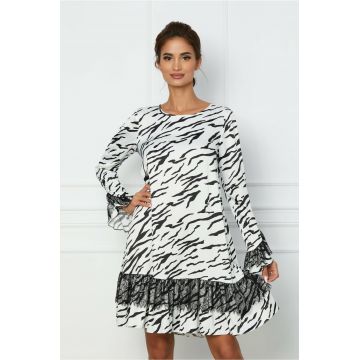 Rochie LaDonna alba cu zebra print si dantela la baza