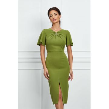 Rochie Moze verde olive cu pliuri si accesoriu la bust