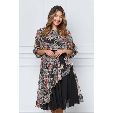 Rochie Rona neagra cu imprimeu floral grena