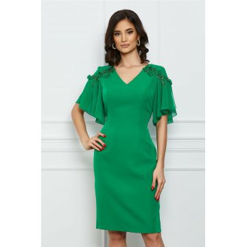 Rochie Samanta verde cu broderie la umeri