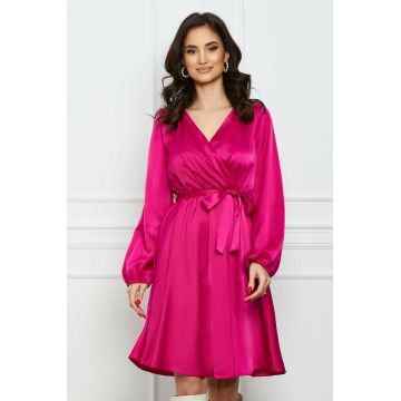 Rochie Simona magenta din satin cu cordon in talie