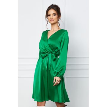 Rochie Simona verde din satin cu cordon in talie