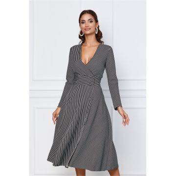 Rochie Dy Fashion alb-negru cu dungi si nasturi decorativi