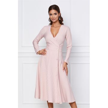 Rochie Dy Fashion alb-roz cu dungi si nasturi decorativi