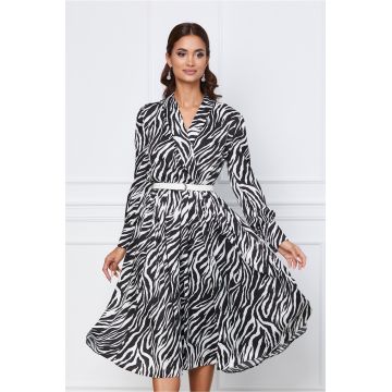 Rochie Dy Fashion cu zebra print alb-negru si curea in talie