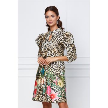 Rochie LaDonna bej cu animal print si flori roz