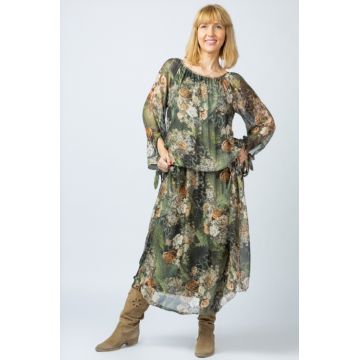 Rochie lunga, cu imprimeu floral pe nuante de verde kaki, din matase naturala