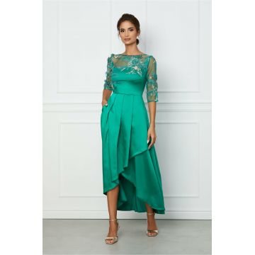 Rochie Moze verde cu broderie pe bust si lungime asimetrica