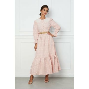 Rochie Nadia roz cu imprimeu floral si curea in talie Rochie Nadia roz cu imprimeu floral si curea in talie