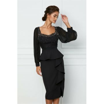 Rochie Simona neagra cu perle la bust si peplum in talie