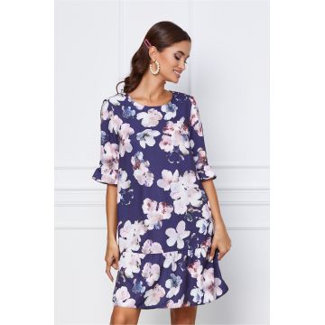 Rochie Sorana bleumarin cu imprimeu floral lila