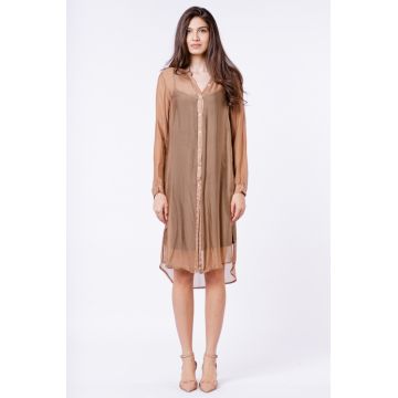 Rochie camasa din matase, camel, cu dublura