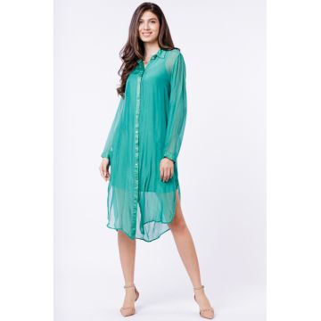 Rochie camasa din matase naturala verde, cu dublura