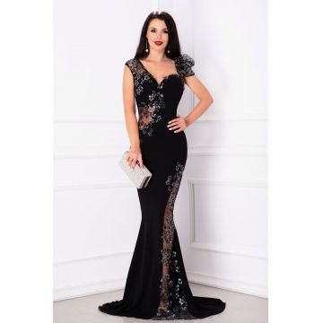 Rochie de seara tip sirena Sherrel neagra cu flori din paiete argintii