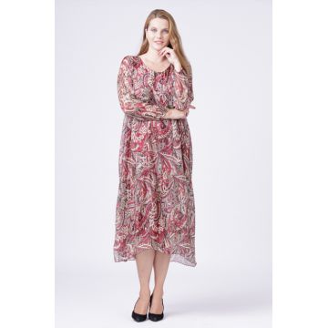 Rochie lunga din matase naturala, cu imprimeu floral pe fond bordo