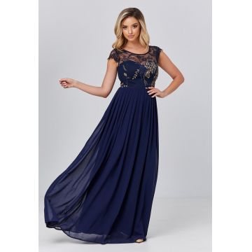 Rochie maxi cu broderie florala in partea superioara