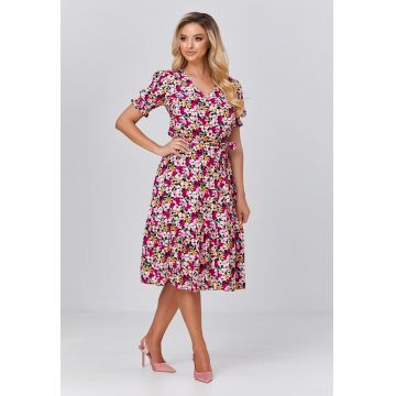 Rochie evazata cu decolteu in V si imprimeu floral