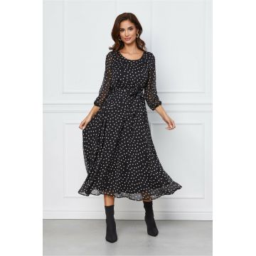 Rochie Ania neagra cu buline albe si cordon in talie