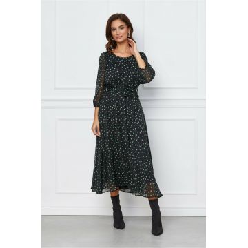 Rochie Ania neagra cu buline verzi si cordon in talie