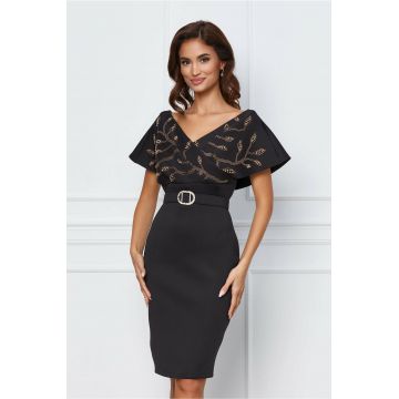 Rochie Betty neagra din neopren cu strasuri aurii la bust